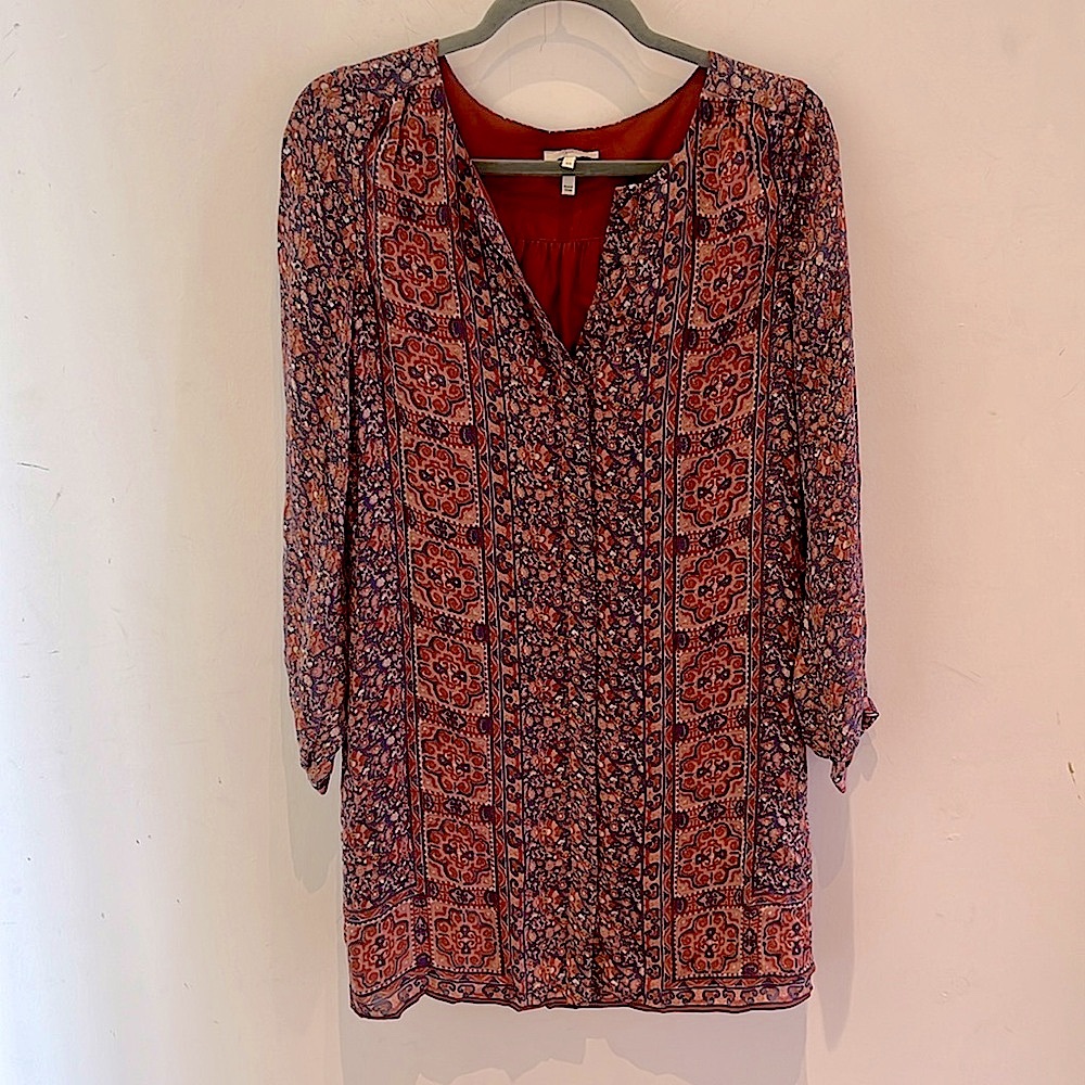 Joie Silk Rust and Lilac Boho Print Light Weight Long Sleeve Dress XS Small